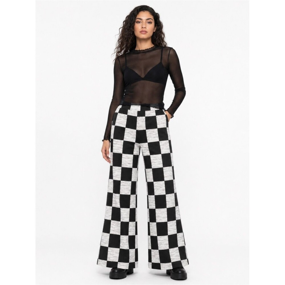 Ascot + Hart Checkered Wide Leg Pants Black White XXS Graphic Retro Loungewear